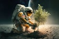 Astronaut planting a tree on alien planet. Generative AI