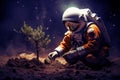 Astronaut planting a tree on planet mars. Generative AI