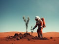 Astronaut Plants a Tree on the Planet Mars