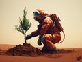 Astronaut Plants a Tree on the Planet Mars