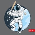 Astronaut playing baseball in space. Vector illustration