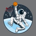 Astronaut playing basketball. Slam dunk. Outer space, stars and planet. Vector illustration.