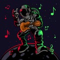 Astronaut playing guitar with metal symbol hand gesture. Cool dude astronauts spaceman play astro rock on electric guitar on a Royalty Free Stock Photo