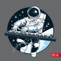 Astronaut playing piano synthesizer in space. Space tourist. Vector illustration