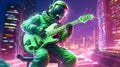 The astronaut plays the guitar in neon colors.