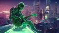 Astronaut plays the guitar in neon light.