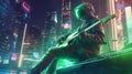 Astronaut plays the guitar in neon light.