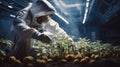 An astronaut in a protective suit grows plants in a greenhouse on an alien planet, close-up