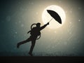 Astronaut in rainy weather. Man with umbrella. Cosmonaut silhouette