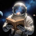 Astronaut reading a book in outer space with cosmic background and planets visible Royalty Free Stock Photo