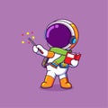 The astronaut is reading a magic book and doing some magic to make a little stars