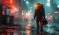 Astronaut with red jetpack walking on wet asphalt in rainy night city street. View of sci-fi scene with neon light.