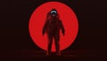 Astronaut in a Red Space Suit Standing in a Alien Void with a Clear Visor Woman`s Face with a Big Red Alien Sphere in a Dark