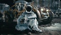 The astronaut is resting near his lunar rover and admiring the planet. View of the lunar surface and space base. 3D