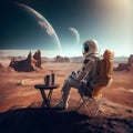 Astronaut rests admiring the view on an extraterrestrial planet, Generative ai