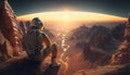 Astronaut rests admiring the view on an extraterrestrial planet, Generative ai