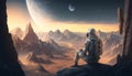 Astronaut rests admiring the view on an extraterrestrial planet, Generative ai