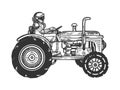 Astronaut ride tractor sketch engraving vector