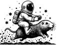 The astronaut rides on a mole. Hand drawing vintage style black. Raster, generative ai.