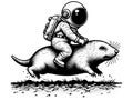 The astronaut rides on a mole. Hand drawing vintage style black. Raster, generative ai.