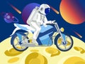 Astronaut rides a motorcycle on the moon. In minimalist style. Flat isometric raster
