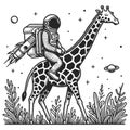 Astronaut Riding Giraffe in Space engraving vector
