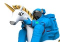 astronaut is riding a inflatable unicorn on white background side close up view