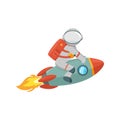 Astronaut Riding On Rocket Vector Icon Illustration. Spaceman Mascot Cartoon Character. Science Icon Concept Isolated