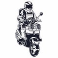 Astronaut riding scooter in monochrome style isolated vector illustration. Biker spaceman rides motorcycle. Print for t-shirts and