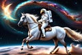 Astronaut riding white horse in space