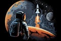 Astronaut on a rocket on the background of the moon and space. Vector illustration