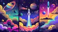 An astronaut, rocket, and planets on a background of stars. The cosmos is explored and explored by cosmonauts and Royalty Free Stock Photo
