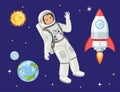 Astronaut and rocket in space isolated on a dark background. Vector illustration of cosmonaut, spaceship, planet Earth, moon, sun Royalty Free Stock Photo