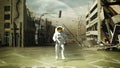 Astronaut in a ruined city background in post apocalypse style 3 Royalty Free Stock Photo