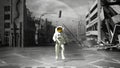 Astronaut in a ruined city background in post apocalypse style 3 Royalty Free Stock Photo