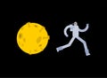 Astronaut run away from moon. Spaceman escapes from Selene. cosmonaut run off yellow planet