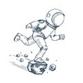 Astronaut runs in space. Coloring page. Sketching graphics.
