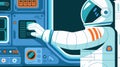 An astronaut\'s gloved hand presses a button on a spacecraft control panel.