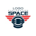 Astronaut`s protective helmet logo. Space exploration. Cosmic journey. Creative label in flat style. Vector design for t