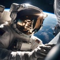 An astronaut\'s reflection in the visor of their helmet while conducting a spacewalk in outer space4 Royalty Free Stock Photo