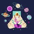 Astronaut in scaffron surrounded by planets, flat cartoon vector illustration.