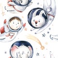 Astronaut seamless pattern. Universe kids Baby boy girl elephant, fox cat and bunny, space suit, cosmonaut stars, planet, moon,