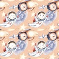 Astronaut seamless pattern. Universe kids Baby boy girl elephant, fox cat and bunny, space suit, cosmonaut stars, planet, moon,