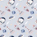 Astronaut seamless pattern. Universe kids Baby boy girl elephant, fox cat and bunny, space suit, cosmonaut stars, planet Royalty Free Stock Photo