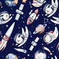 Astronaut seamless pattern. Universe kids Baby boy girl elephant, fox cat and bunny, space suit, cosmonaut stars, planet