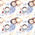 Astronaut seamless pattern. Universe kids Baby boy girl elephant, fox cat and bunny, space suit, cosmonaut stars, planet, moon,