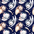 Astronaut seamless pattern. Universe kids Baby boy girl elephant, fox cat and bunny, space suit, cosmonaut stars, planet, moon,