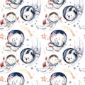 Astronaut seamless pattern. Universe kids Baby boy girl elephant, fox cat and bunny, space suit, cosmonaut stars, planet, moon,