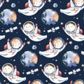 Astronaut seamless pattern. Universe kids Baby boy girl elephant, fox cat and bunny, space suit, cosmonaut stars, planet, moon,