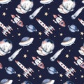 Astronaut seamless pattern. Universe kids Baby boy girl elephant, fox cat and bunny, space suit, cosmonaut stars, planet, moon,